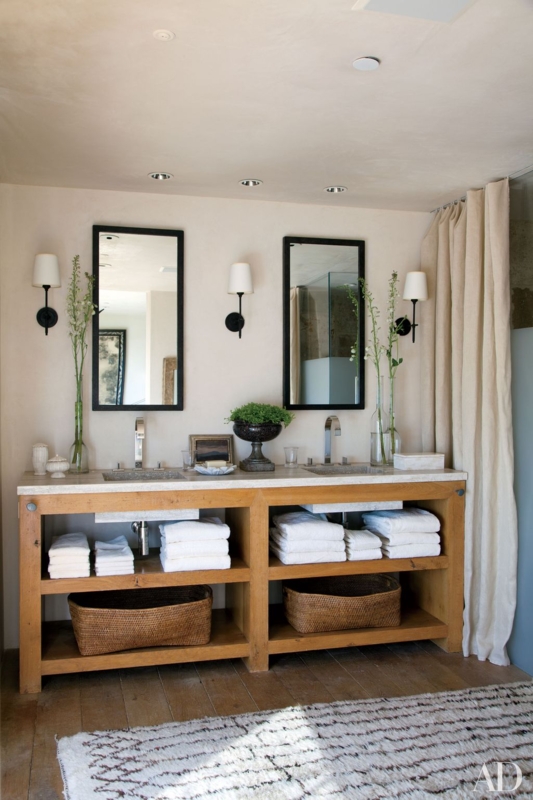 Rustic Modern Double Vanity with Integrated Basket Storage