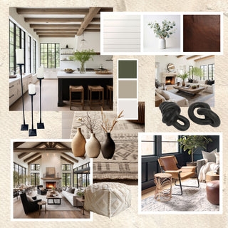 Rustic Modern Interior Moodboard with Neutral Palette & Black Accents