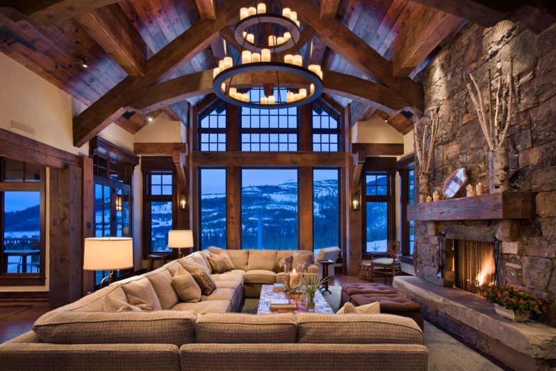 Rustic Mountain Lodge Living Room with Vaulted Timber Trusses
