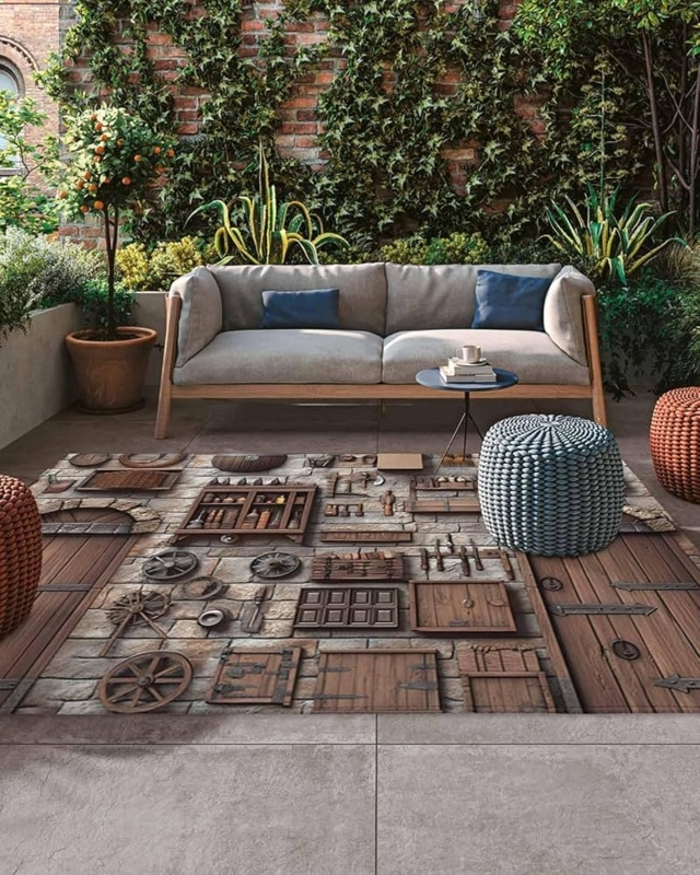 Rustic Outdoor Area Rug with Faux Wood Plank and Stone Border Print