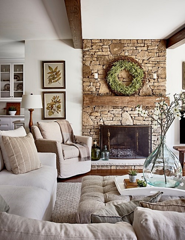Rustic Stone Fireplace Living Room With Exposed Beams