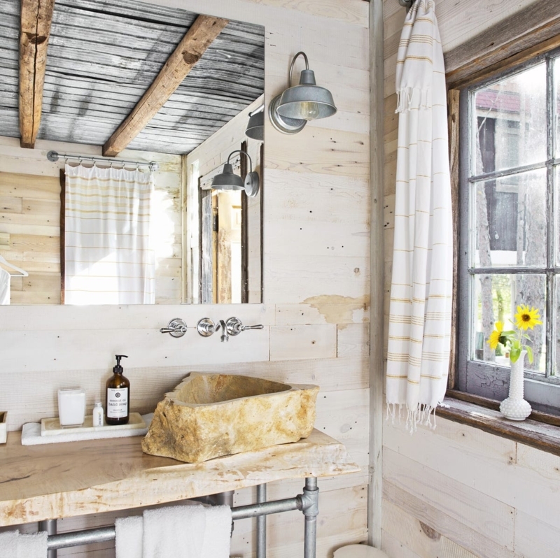 Rustic Stone Vessel Sink Vanity on Live Edge Wood with Industrial Pipes