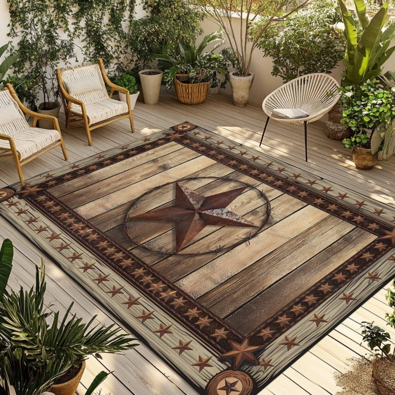Rustic Western Outdoor Rug with Texas Star and Weathered Texture