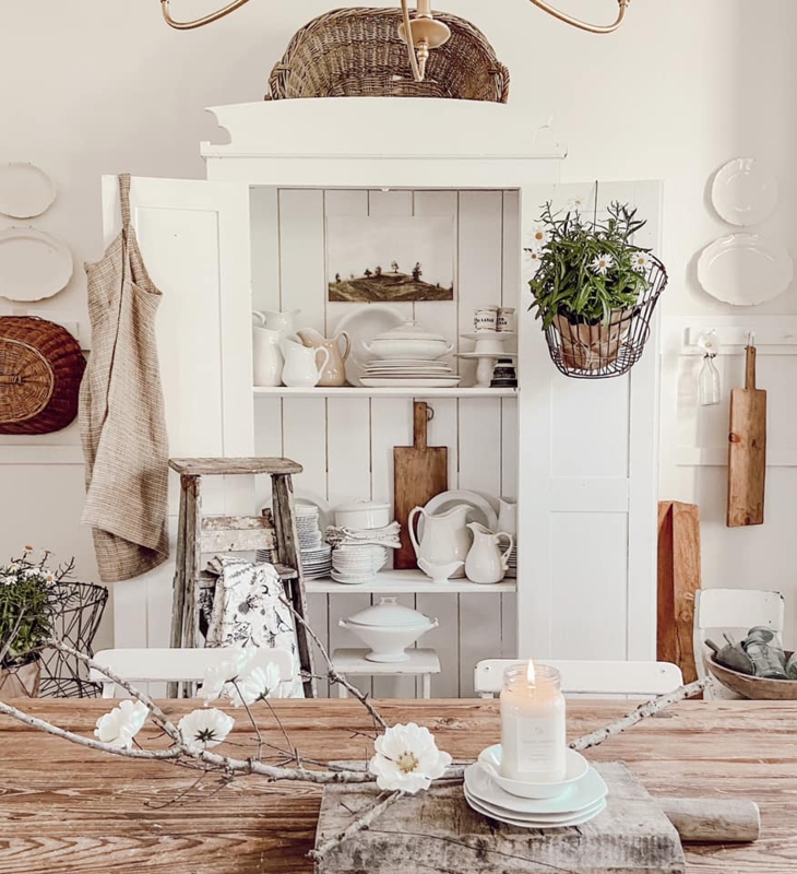 Rustic White China Cabinet with Shiplap Interior and Ceramic Display