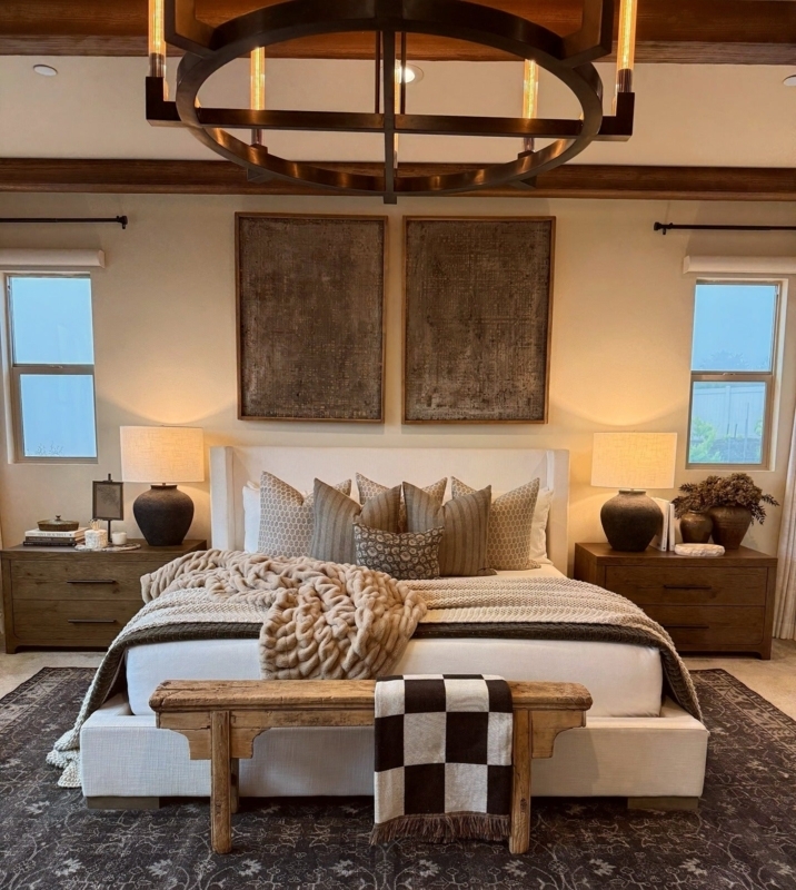 Rustic Wingback Bed with Wheel Chandelier and Exposed Beams