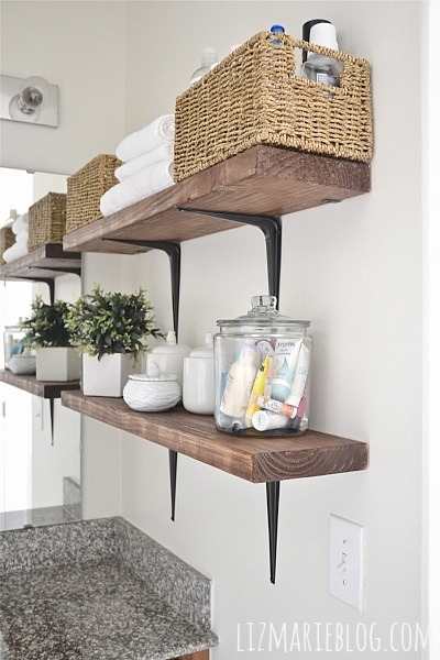 Rustic Wood Bathroom Wall Shelves with Thick Plank Design