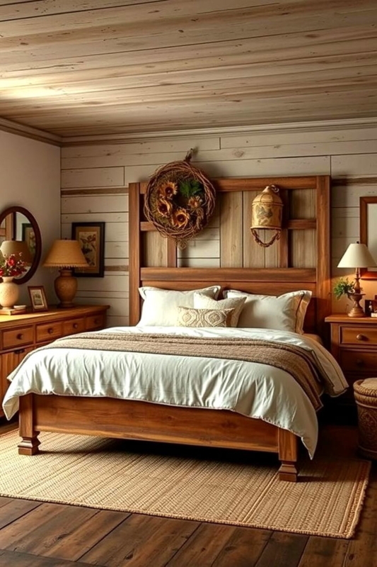 Rustic Wood Bed Frame Ideas in a Bedroom with Warm Wood Paneled Walls