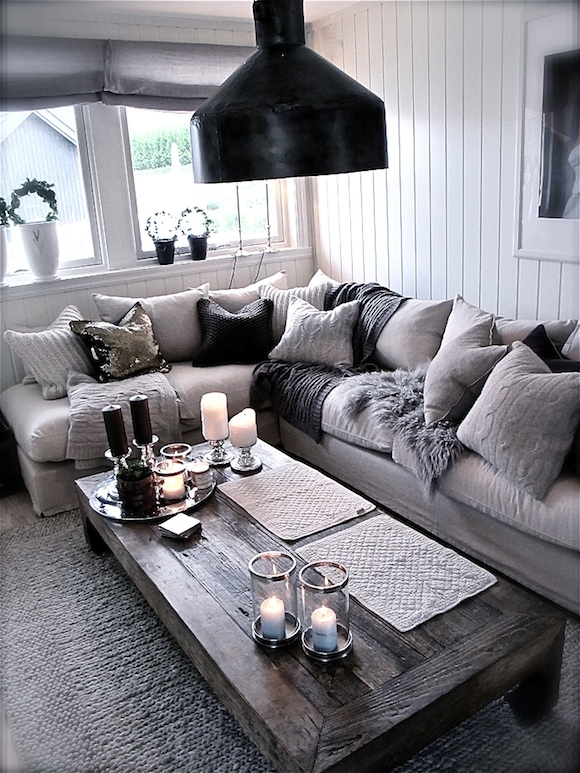 Rustic Wood Coffee Table Styling in a Monochromatic Lounge