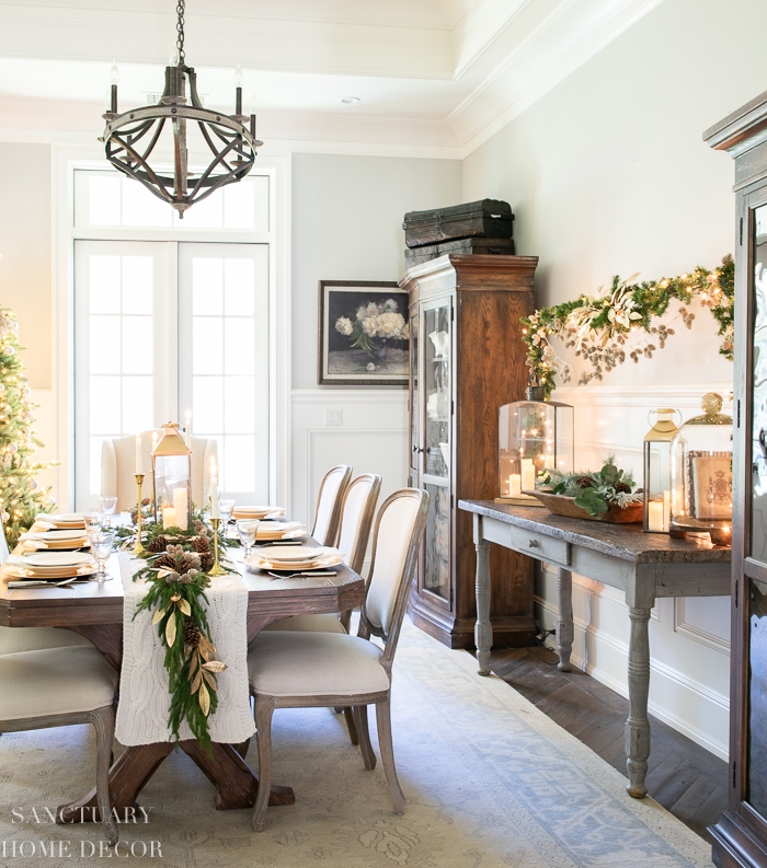 Rustic Wood Dining Table with Cable-Knit Runner & Orb Chandelier