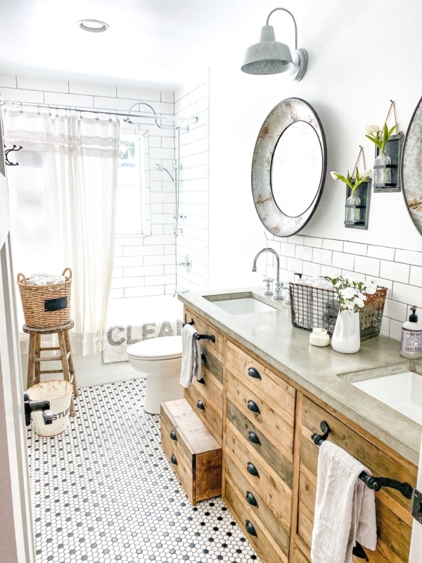 Rustic Wood Double Vanity Ideas with Concrete Top and Penny Tile