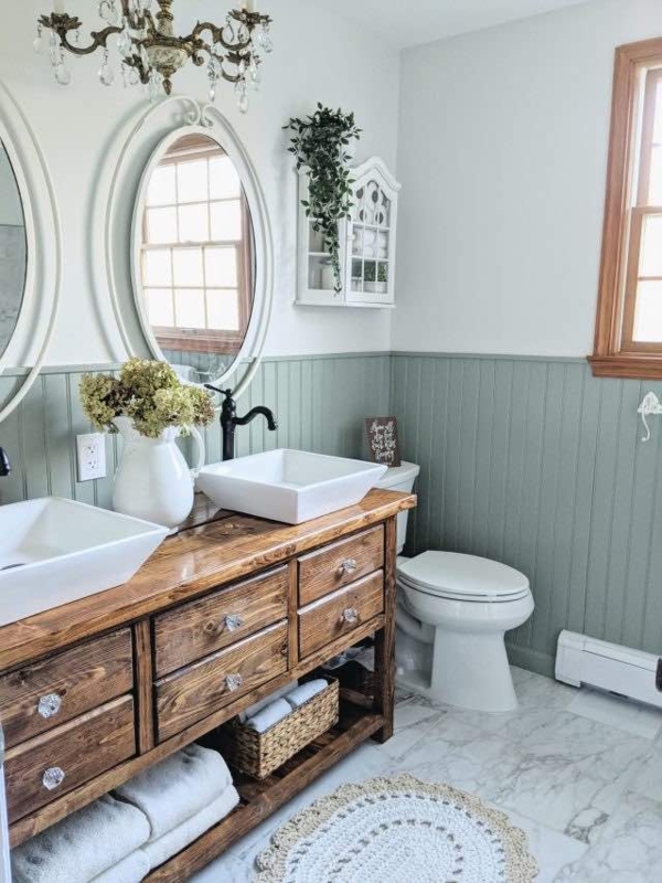 Rustic Wood Double Vanity Ideas with Sage Green Wainscoting