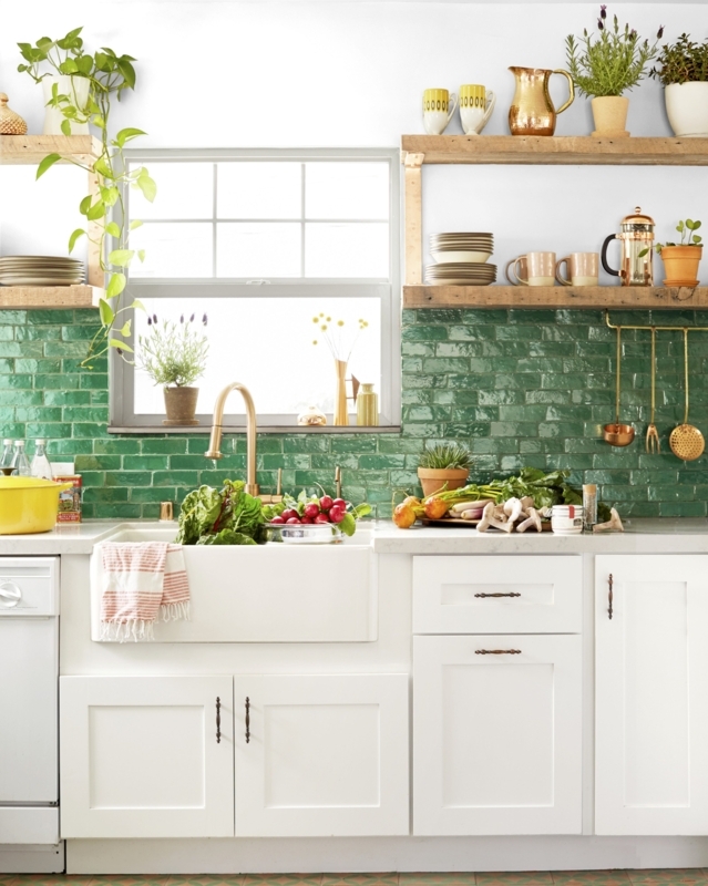 Rustic Wood Open Shelving against Emerald Green Kitchen Backsplash