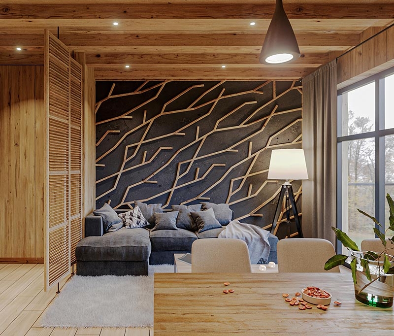 Rustic Wood Paneled Living Room with 3D Branch Motif Accent Wall