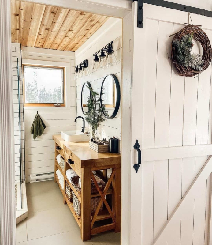 Rustic Wood Plank Ceiling and Sliding Barn Door