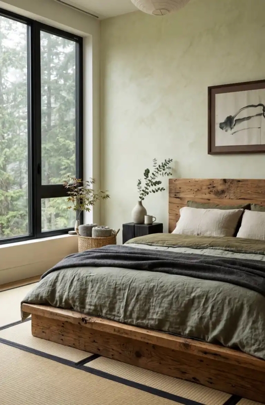 Rustic Wood Platform Bed Frame with Sage Green Plaster Walls