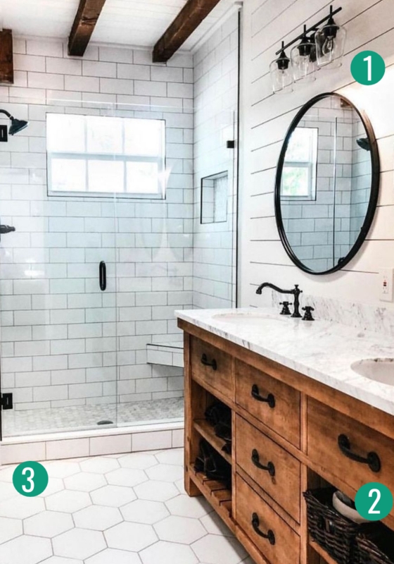 Rustic Wood Vanity in Modern Farmhouse Bathroom with White Hex Tile