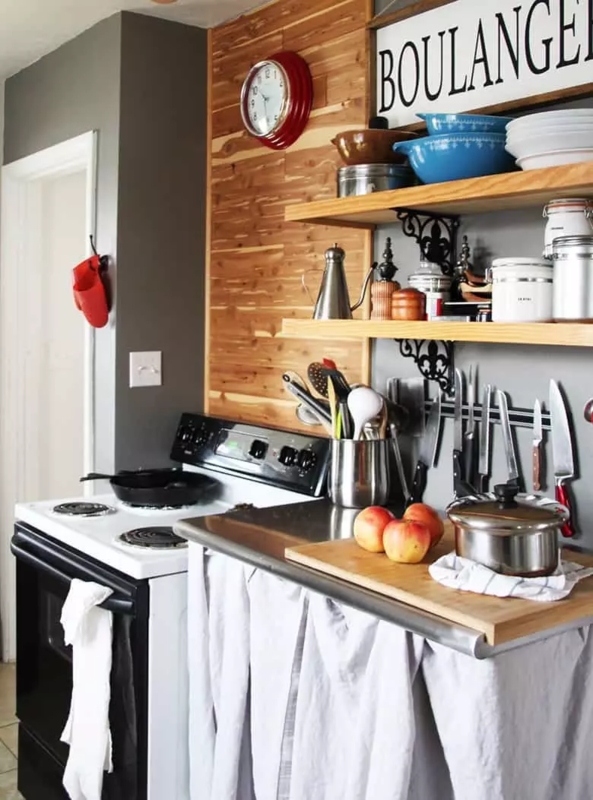 Rustic Wood Wall Paneling Kitchen Corner with Magnetic Knife Strip