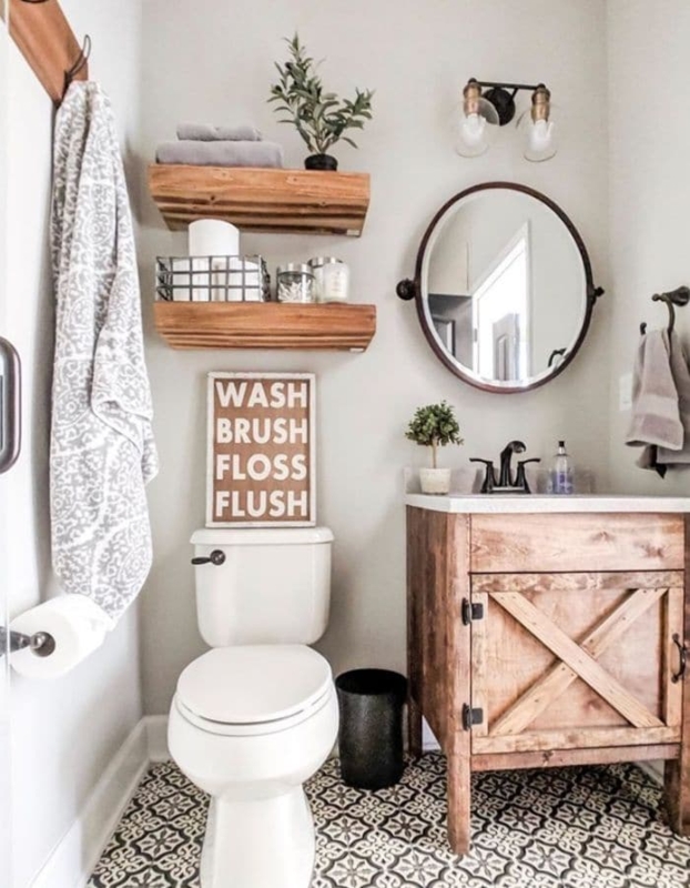 Rustic Wood X-Brace Vanity in Modern Farmhouse Bathroom