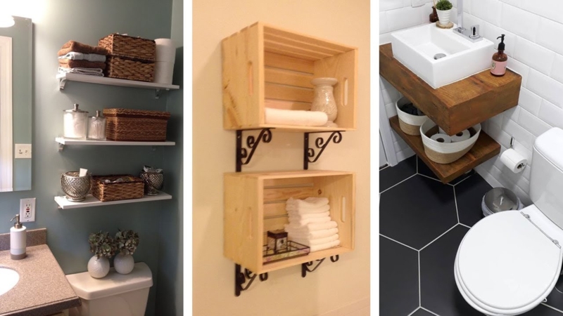 Rustic Wooden Crate Wall Shelves for Small Bathroom Storage