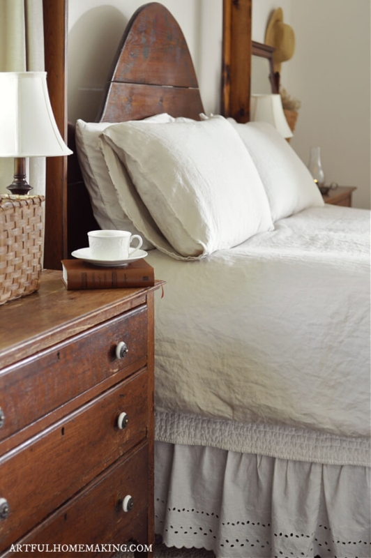Rustic Wooden Dresser with Antique Knobs and Eyelet Lace