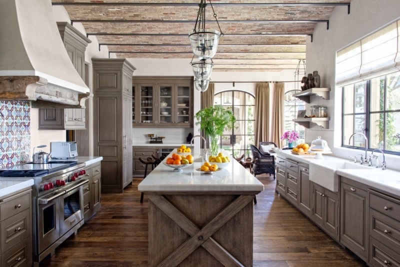 Rustic X-Brace Kitchen Island in Mediterranean Setting