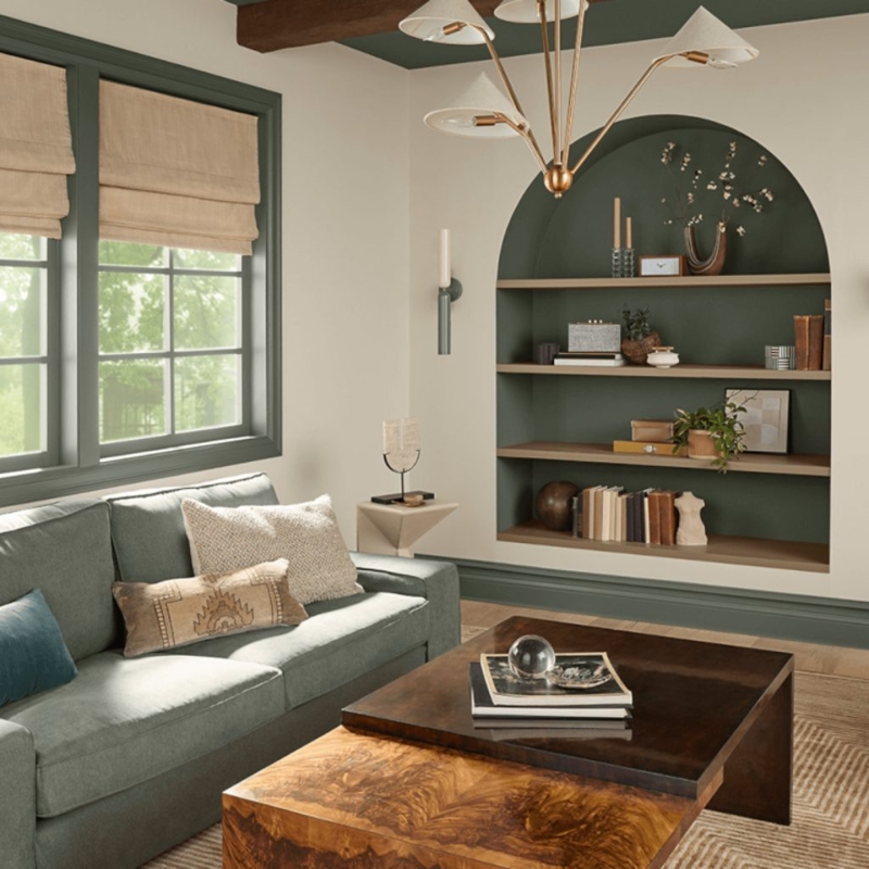 Sage Green Arched Built-In Niche in Organic Modern Living Room