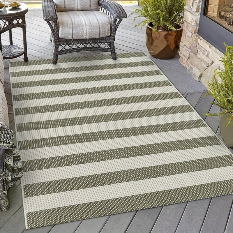 Sage Green Area Rug Stripes Knotted Fringe Woven Farmhouse Patio Rug