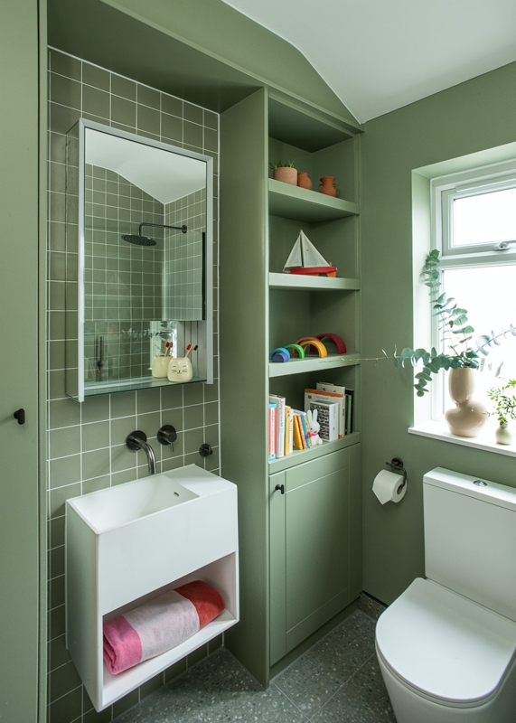 Sage Green Bathroom Built-in Shelving, Floor-to-Ceiling Storage