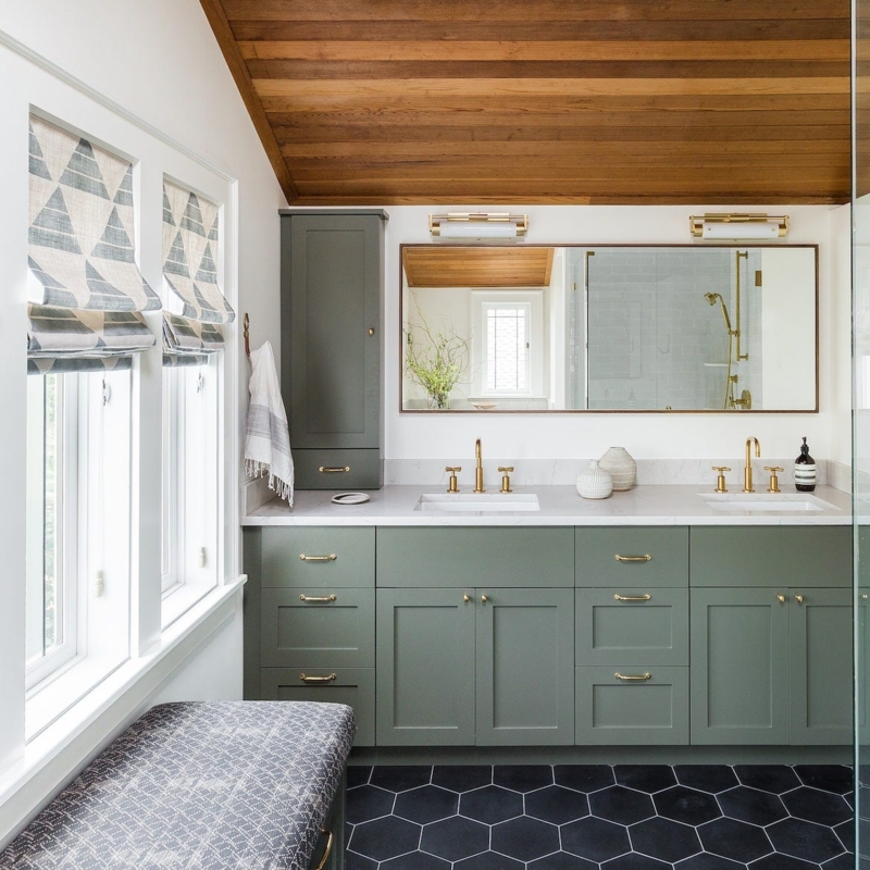 Sage Green Bathroom Vanity Ideas, Plank Ceiling Transitional Design
