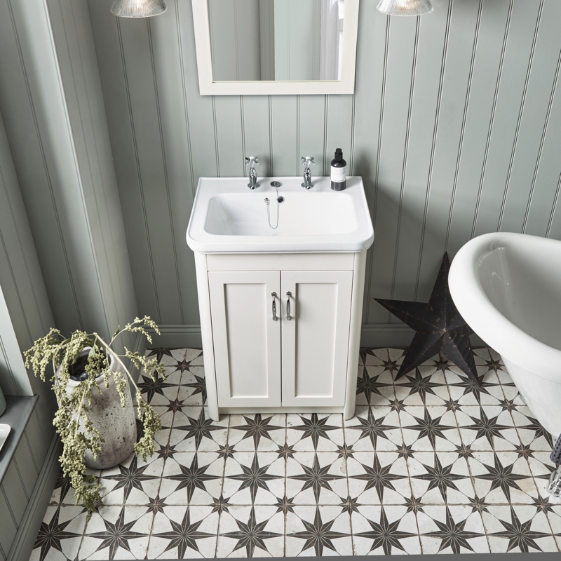 Sage Green Beadboard Bathroom Walls with Star Patterned Floor Tile