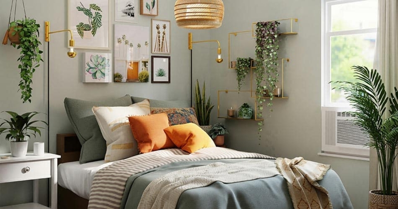 Sage Green Bed with Gallery Wall and Terracotta Accents