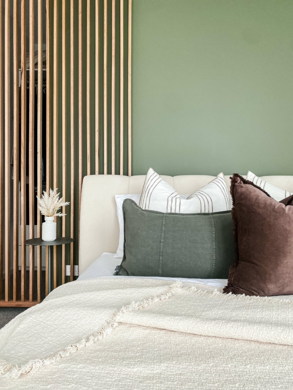 Sage Green Bedroom Wall Ideas with Vertical Wood Slat Accent