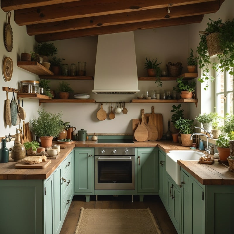 Sage Green Cottage Kitchen Design With Exposed Wood Beams