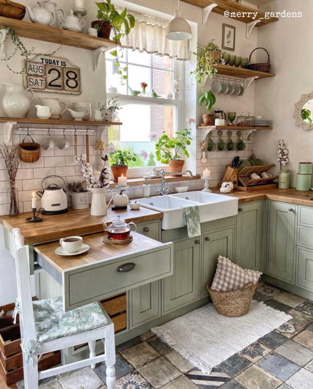 Sage Green Cottage Kitchen with Pull Out Breakfast Tray & Shelving
