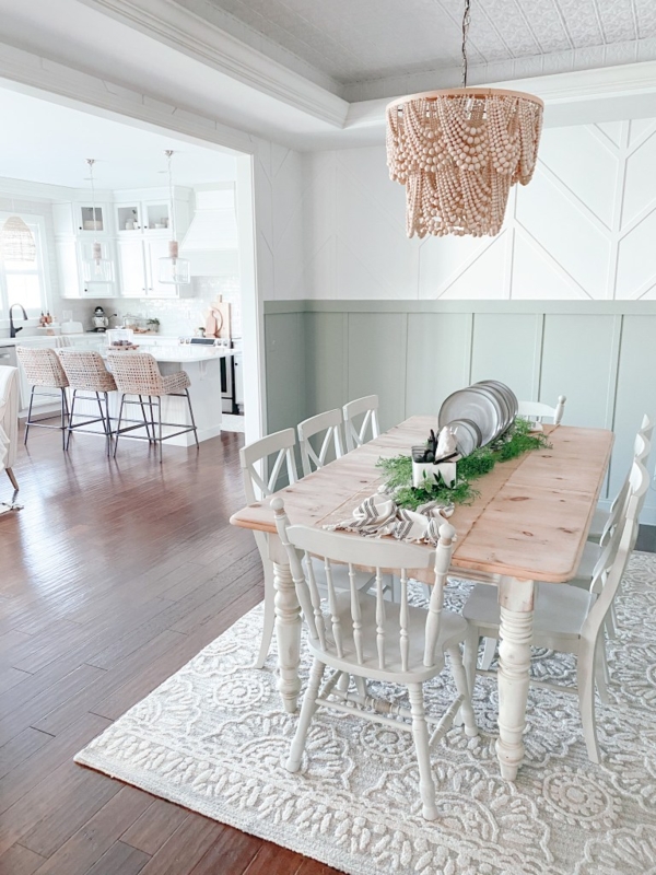 Sage Green Dining Room Paneling with Two-Tone Geometric Accent Wall