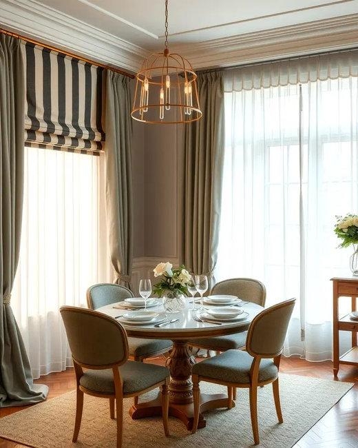 Sage Green Drapes and Striped Roman Shades in Dining Room