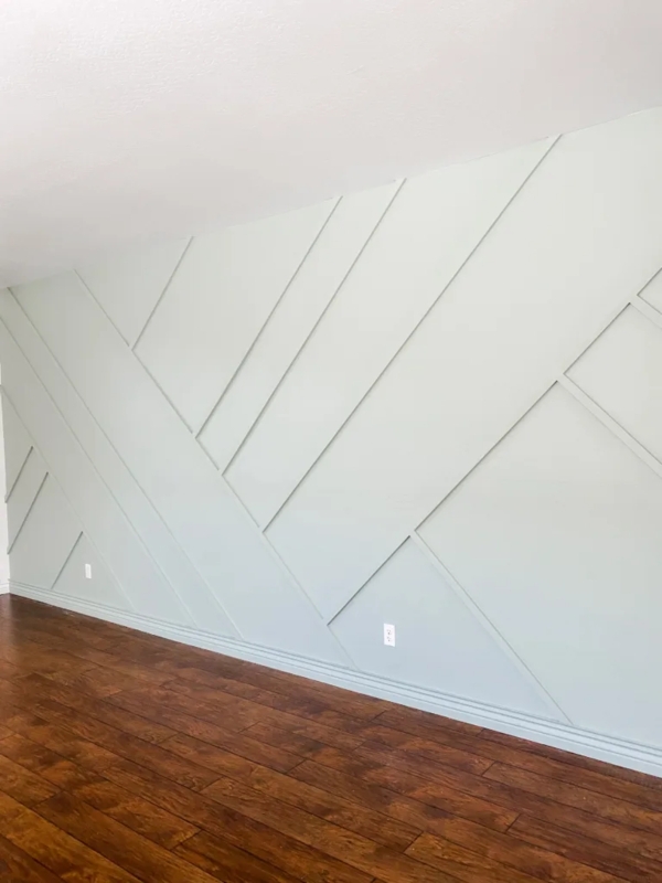 Sage Green Geometric Moulding Accent Wall with Diagonal Lines