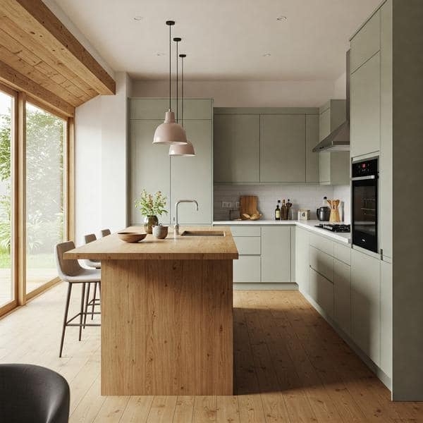 Sage Green Kitchen Cabinets with an Oversized Warm Wood Island