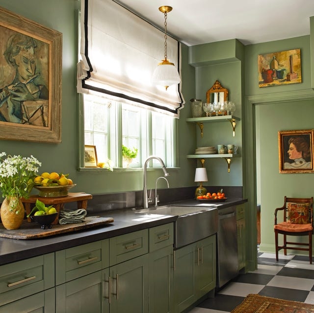 Sage Green Kitchen Cabinets with Black and White Checkered Floor