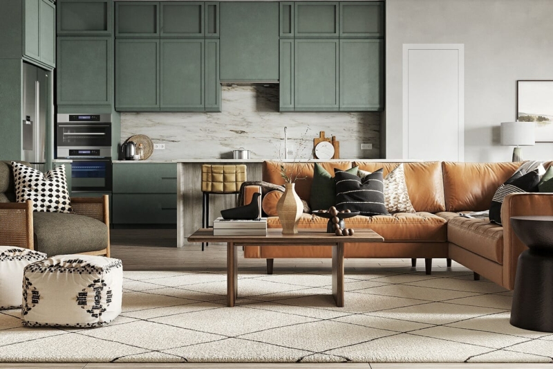 Sage Green Kitchen Living Room with Cognac Leather Sectional