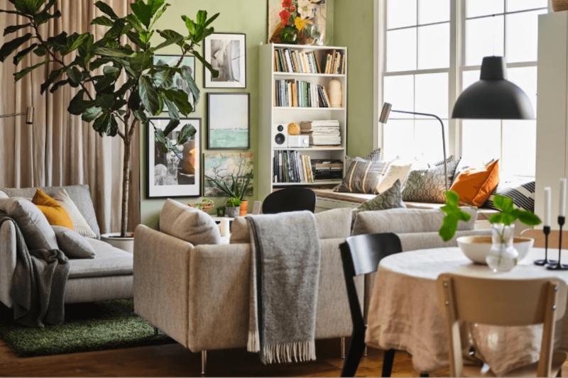 Sage Green Living Room Ideas with Sectional Sofa and Cozy Window Seat
