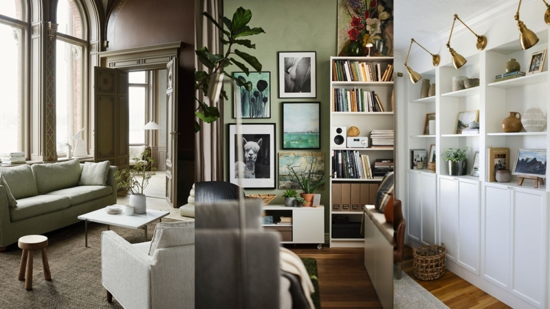 Sage Green Living Room Inspiration with Built-In Shelving and Brass Lighting