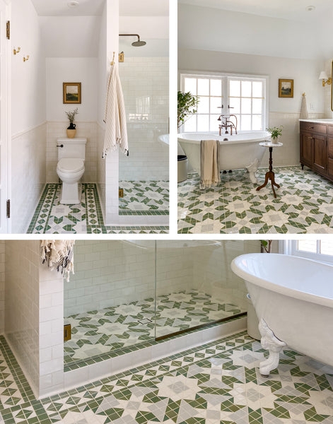 Sage Green Mosaic Bathroom Floor with Seamless Shower Entry