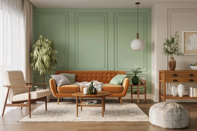 Sage Green Paneled Accent Wall: Mid Century Modern Living Room Ideas