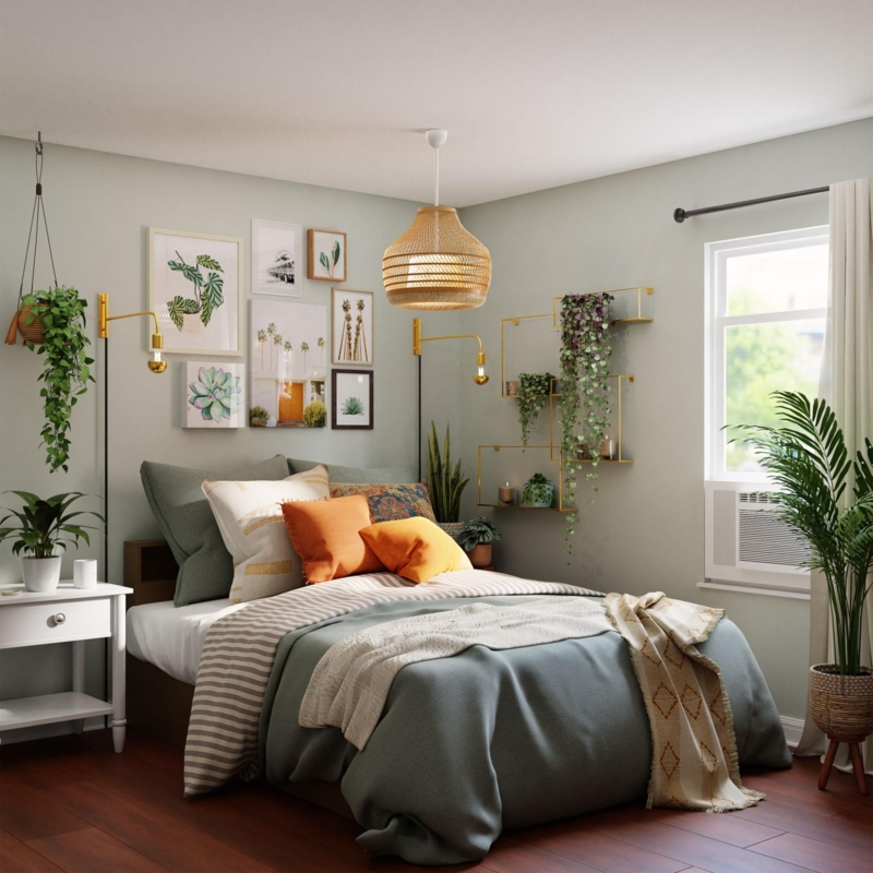 Sage Green Platform Bed with Botanical Gallery Wall and Rattan Pendant