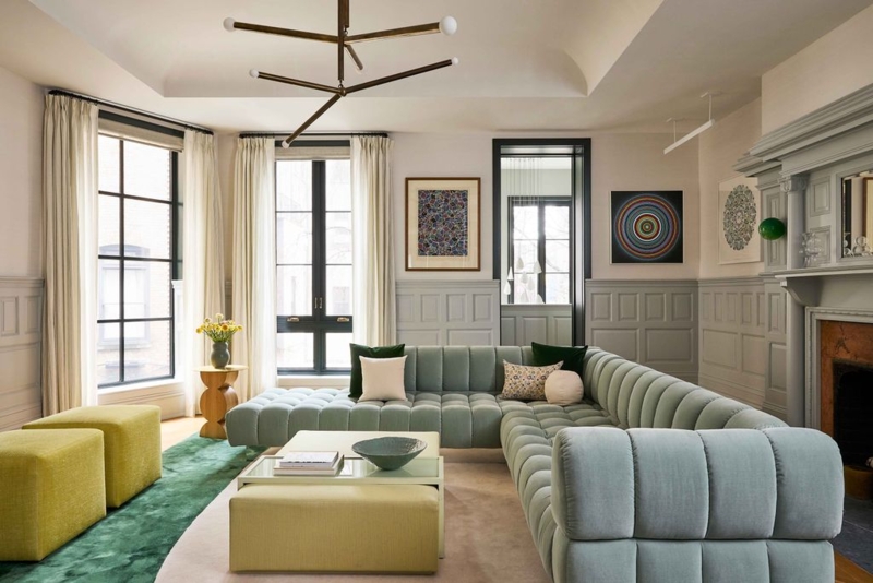 Sage Green Sectional Sofa with Channel Tufting and Modular Ottoman