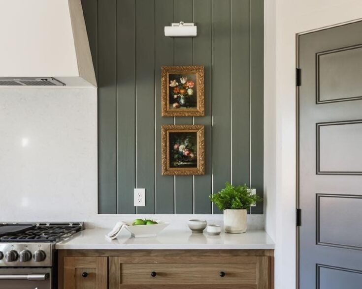 Sage Green Shiplap Kitchen Backsplash with Stacked Framed Art