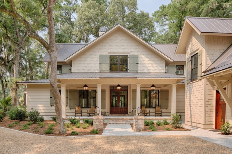 Sage Green Shutters on Cream House with Gravel Landscaping