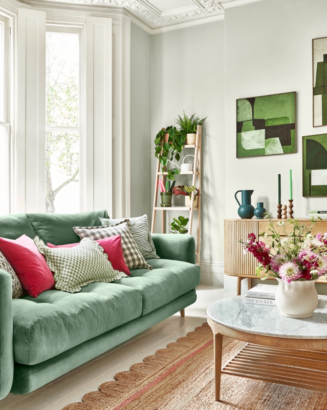 Sage Green Sofa Living Room with a Scalloped Jute Area Rug