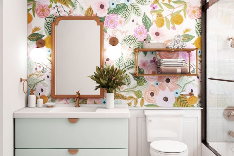Sage Green Vanity with Gold Hardware and Bold Floral Wallpaper